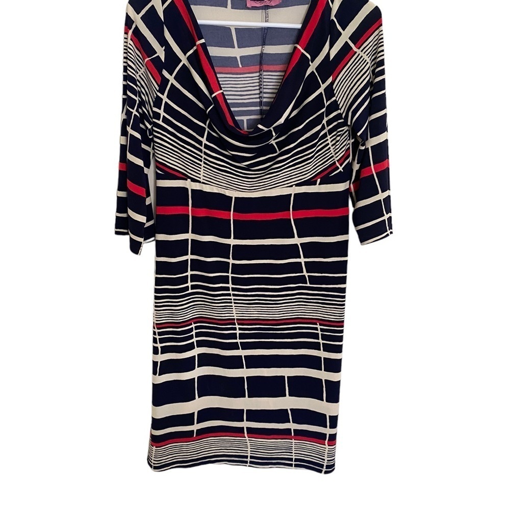 Eliza J Striped Cowl‎ Neck Midi Dress Size 10 3/4 Sleeve Stretch Below Knee EUC